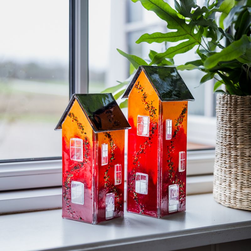 2 høje Glashuse til lys - orange/rød
